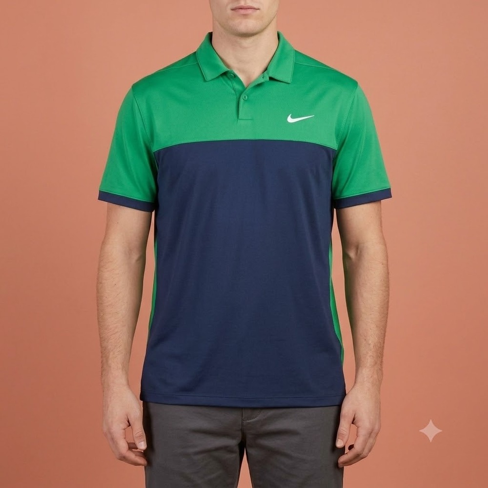 Nike Golf Polo Shirt Mens XL‎ Green Blue Colorblock Dri-Fit Standard Fit Swoosh